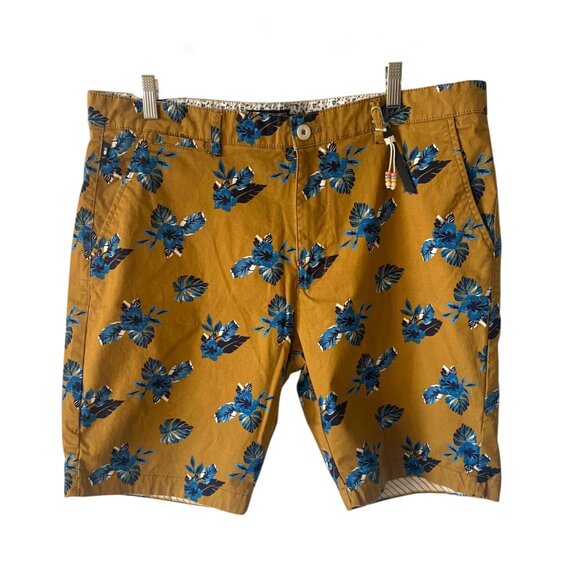 DENIM & FLOWER Ricky Singh Gold + Blue Hibiscus Print Men's Shorts NWOT Size 38 - Picture 1 of 8